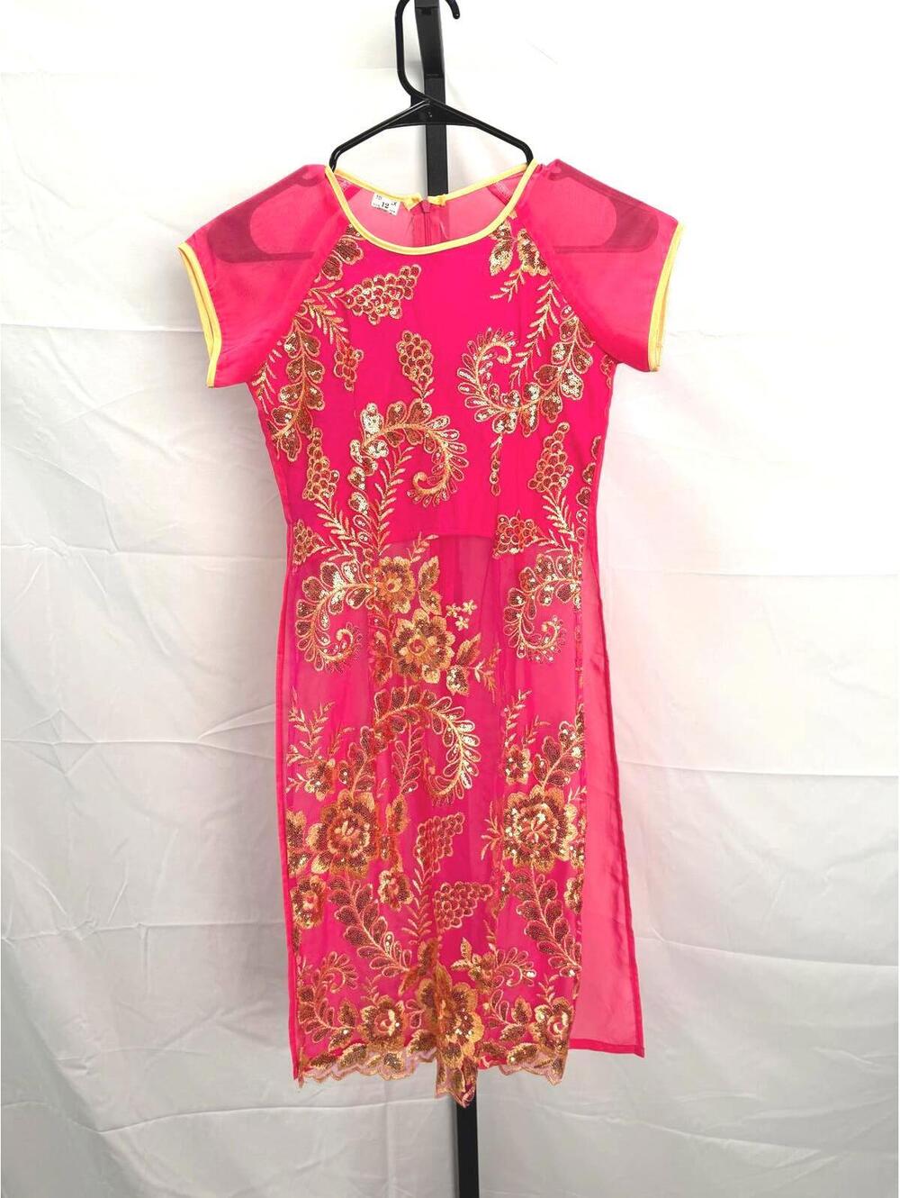 asian tunic Pink Midi Dress with Gold Floral Embroidery and Sheer Sleeves Kurti